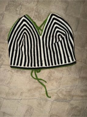 Striped Crochet Black & White Crop Top with Green Trim